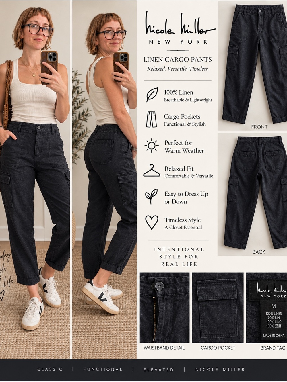Nicole Miller 100% Linen Cargo Pants Black Relaxed Fit M